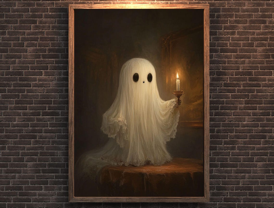 Cute Small Ghost Holding Candle Victorian Panting Dark Academia Room Decor Instant Spooky Halloween Ghost Art - Image 5
