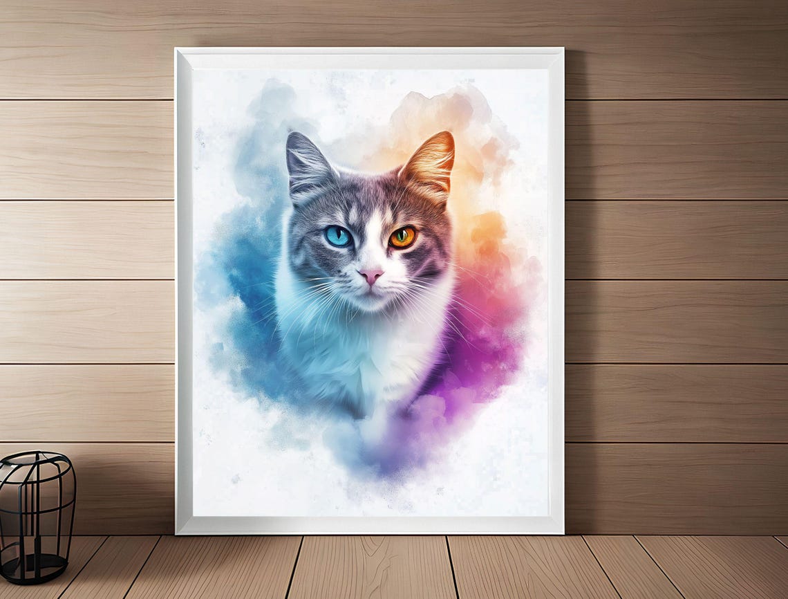 Gray Watercolor Cat Portrait Odd Eyes Pastel Splash Art Print - Image 3