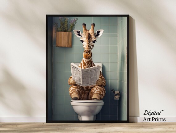 Funny Giraffe Toilet Newspaper Tiled Bathroom Humor Art Print