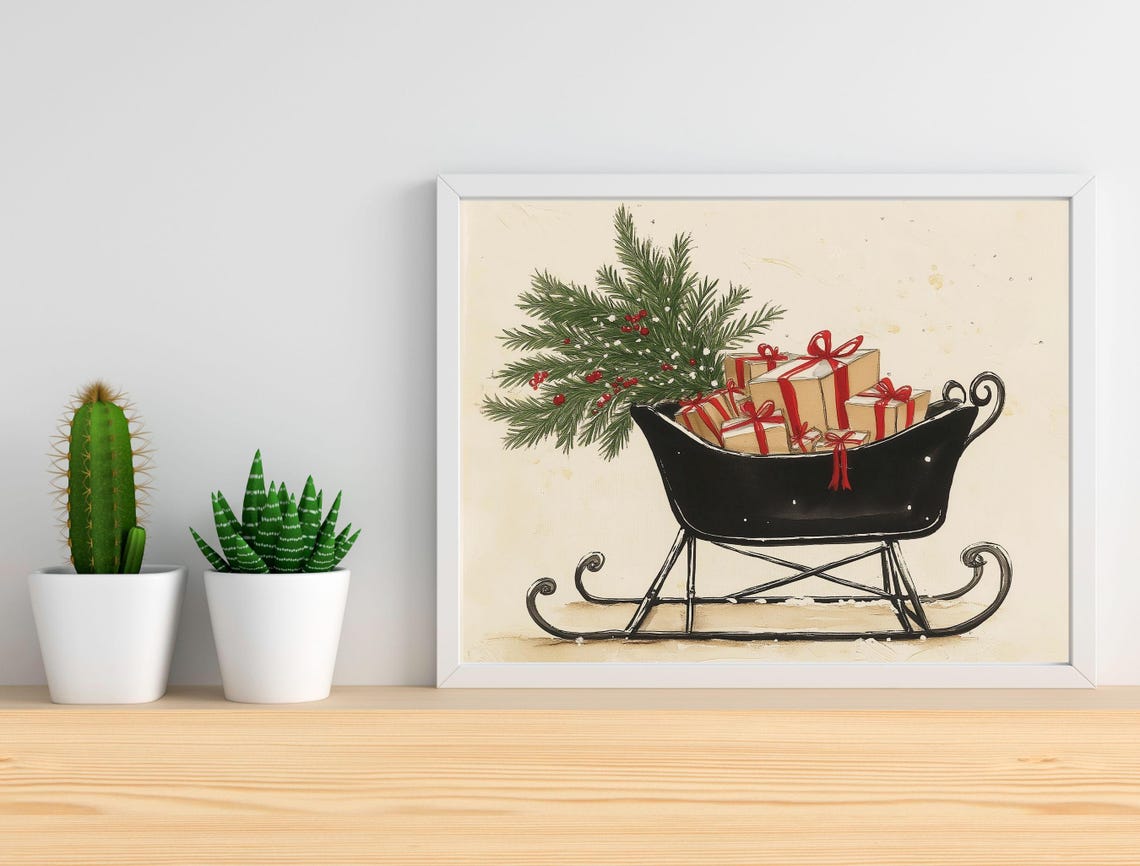 Vintage Black Sleigh Loaded With Gifts and Pine Christmas Poster - Image 2