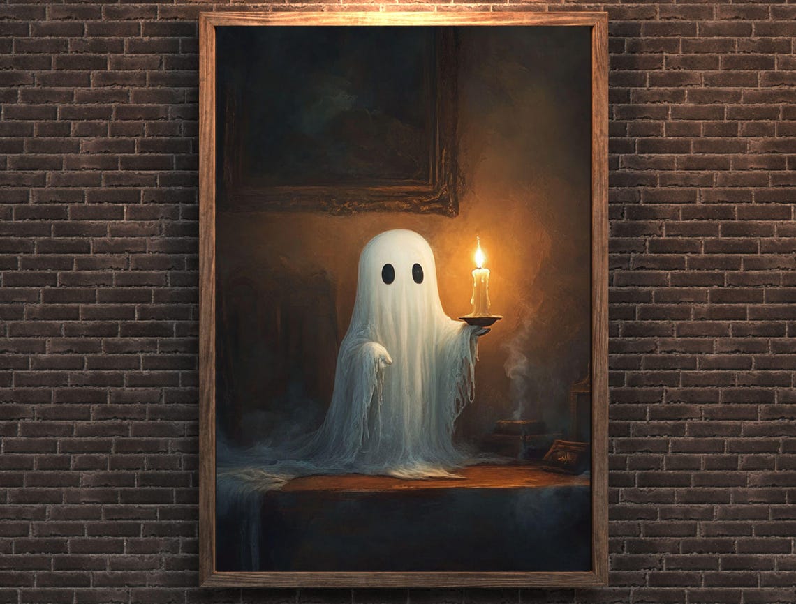 Cute Small Ghost Holding Candle Victorian Panting Dark Academia Room Decor Instant Spooky Halloween Ghost Art - Image 7