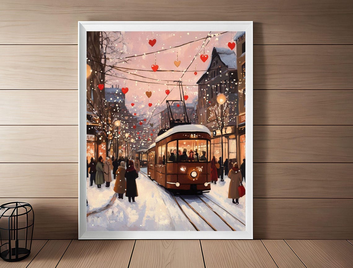 Pink Winter Dusk Tram Snowy Street Heart Garland Scene Art Print - Image 3