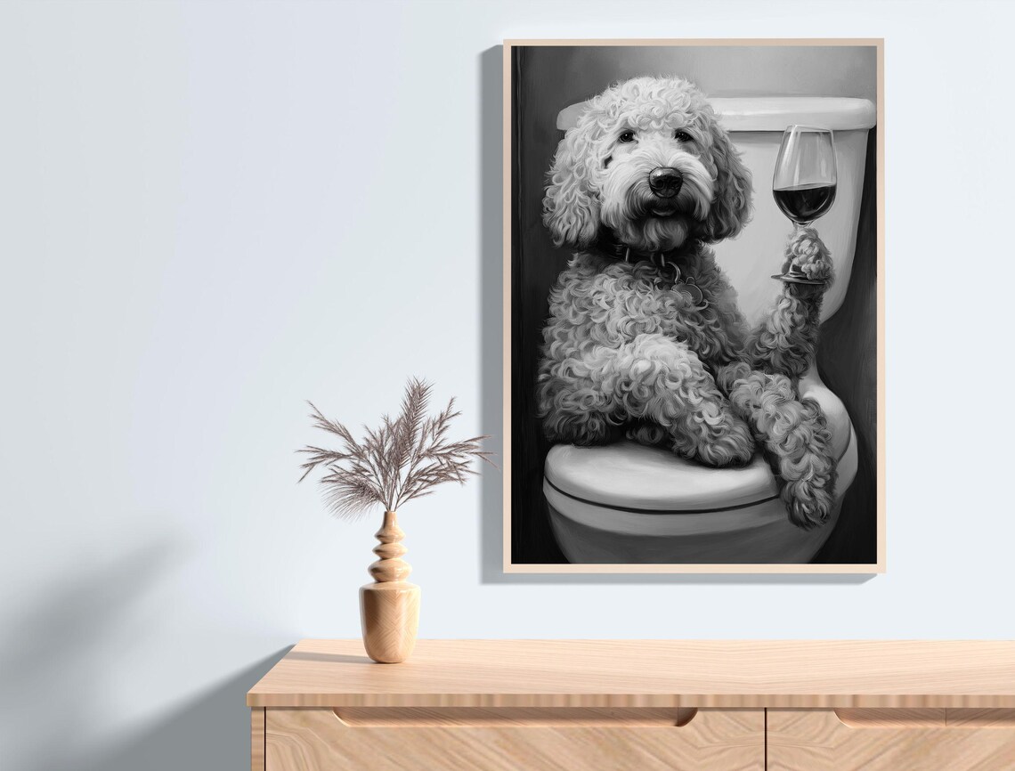Black And White Doodle Dog On Toilet With Wine Glass Funny Poster - Image 2