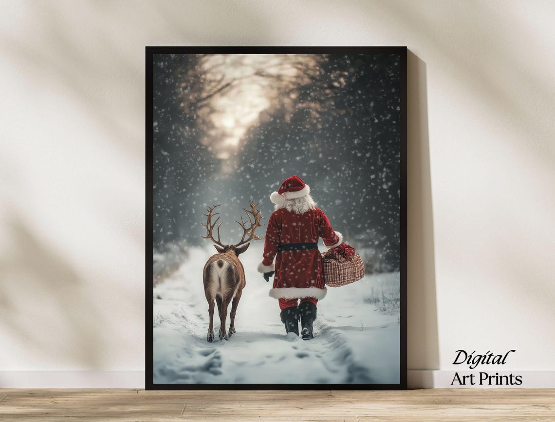 Santa Claus Walking With Reindeer In Snowfall Vintage Christmas Poster