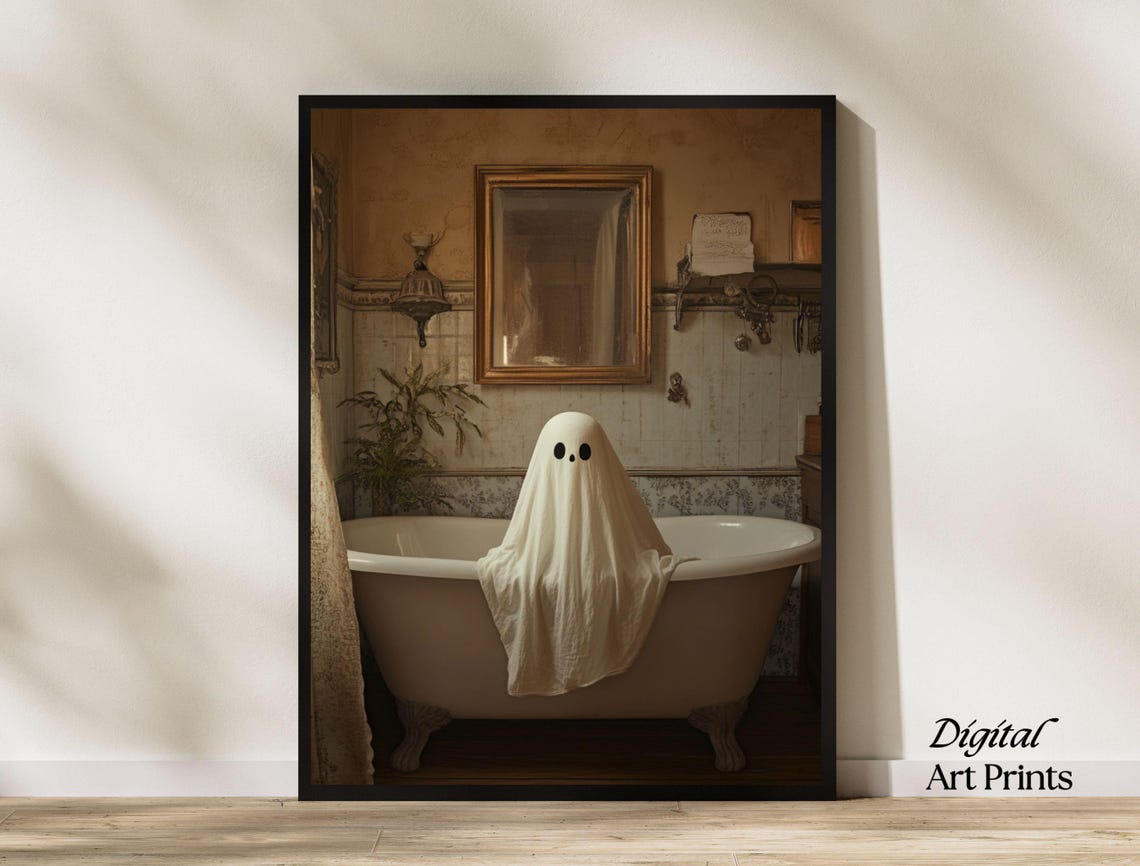 Cute Little Ghost Sitting in a Vintage Clawfoot Bathtub Poster