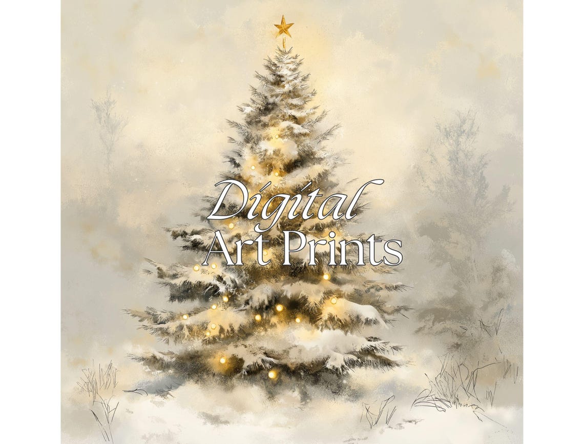 Snowy Vintage Christmas Tree With Warm Lights Neutral Holiday Poster - Image 2