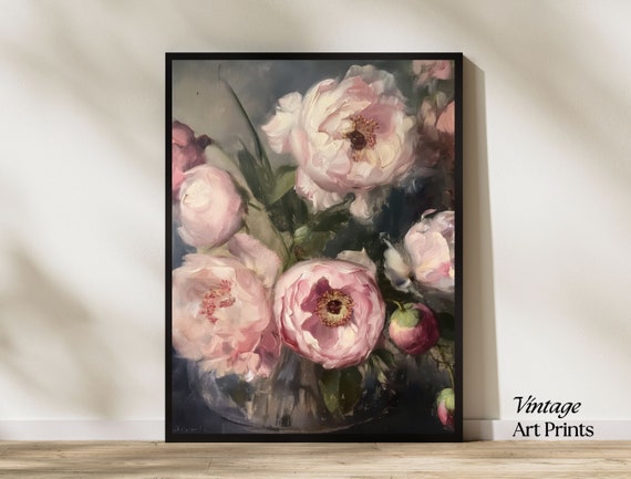 Moody Pink Peonies Painting Vintage Art Print Flower Print Dark Floral Print Farmhouse Decor Wall Art