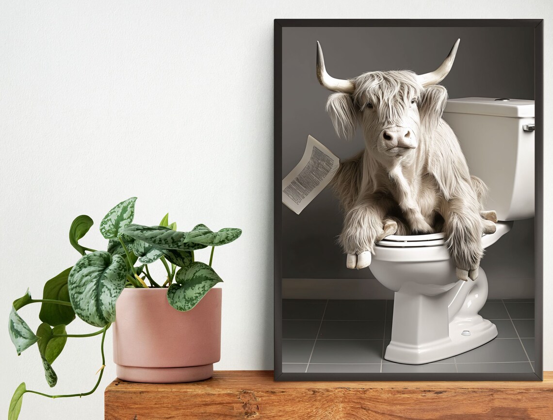 Highland Cow Sitting On Toilet Reading Newspaper Funny Bathroom Poster - Image 2