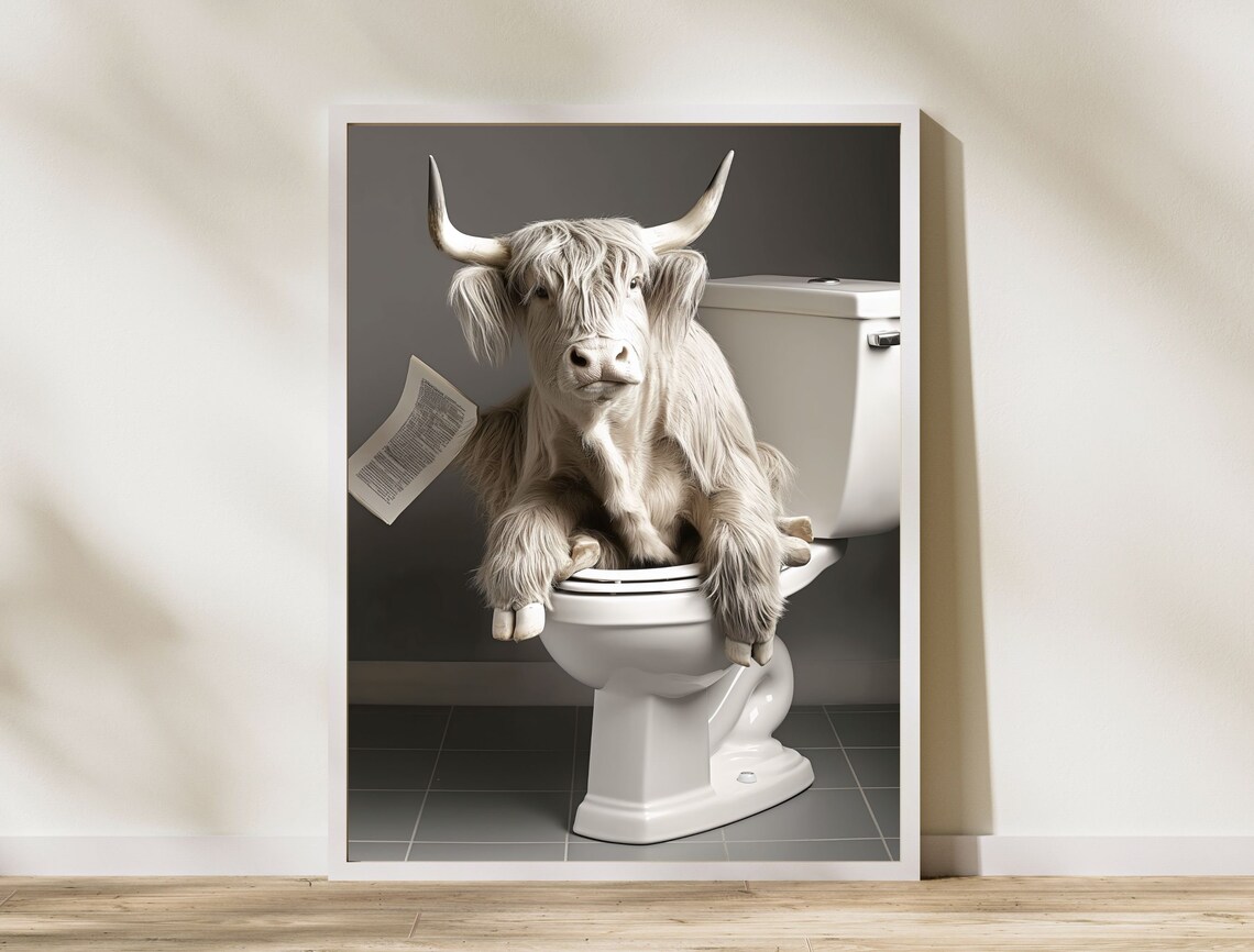 Highland Cow Sitting On Toilet Reading Newspaper Funny Bathroom Poster - Image 8