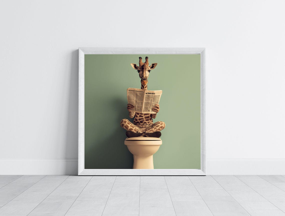 Funny Giraffe on Toilet Reading Newspaper Bathroom Art Print - Image 6