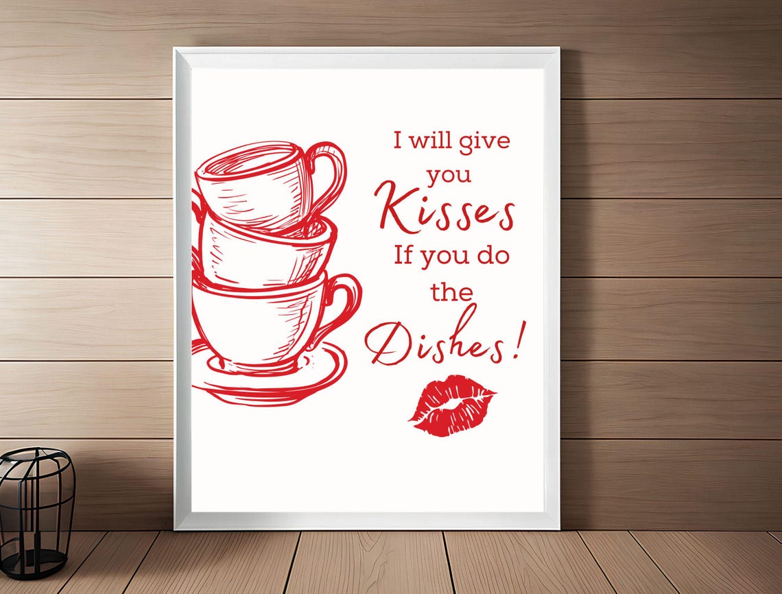 I Will Give You Kisses If You Do The Dishes Red Kitchen Poster - Image 2