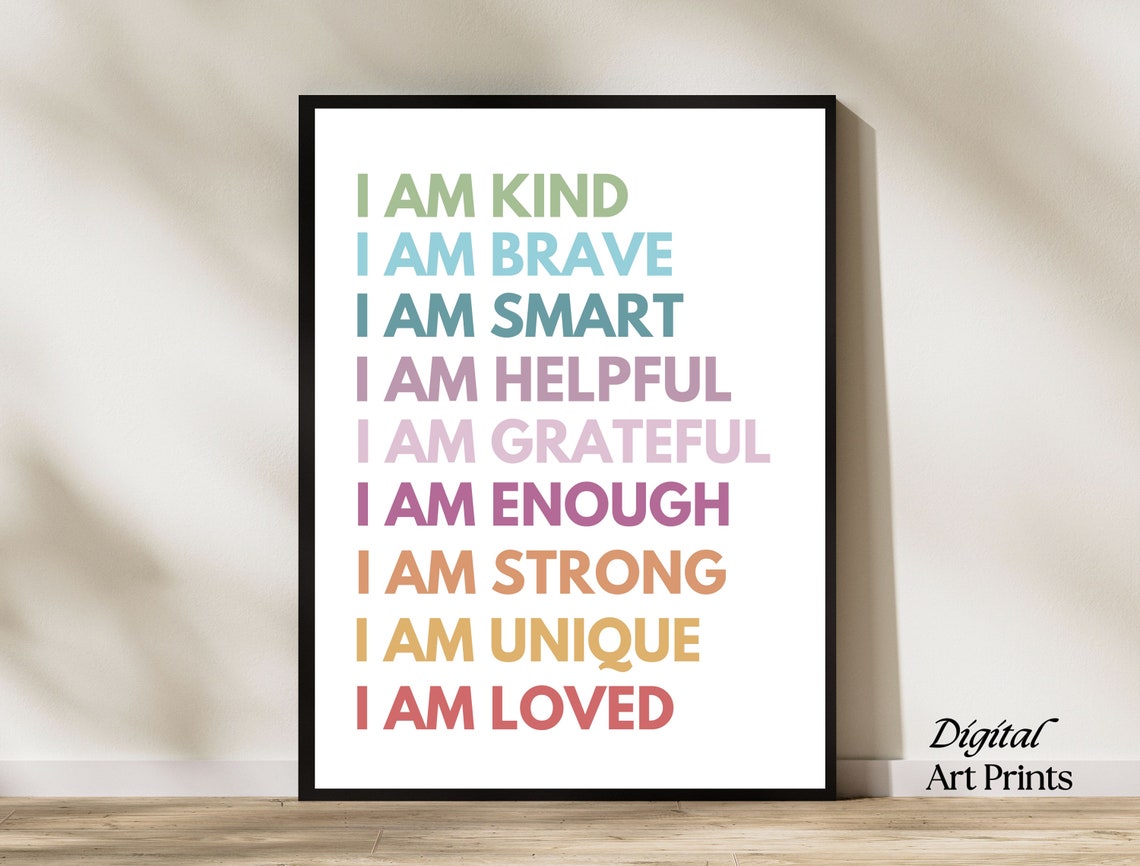 I Am Affirmations Rainbow Pastel Kids Bedroom Motivational Poster