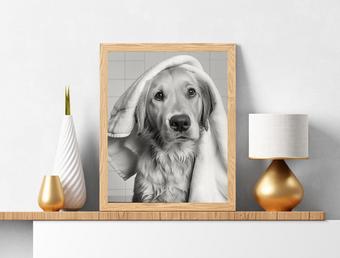 Bathroom Art Golden Retriever Gifts Toilet Humor Bathroom Wall Art Kids Bathroom Whimsy Animal Art Kids Art Bathroom Decor Towel - Image 5