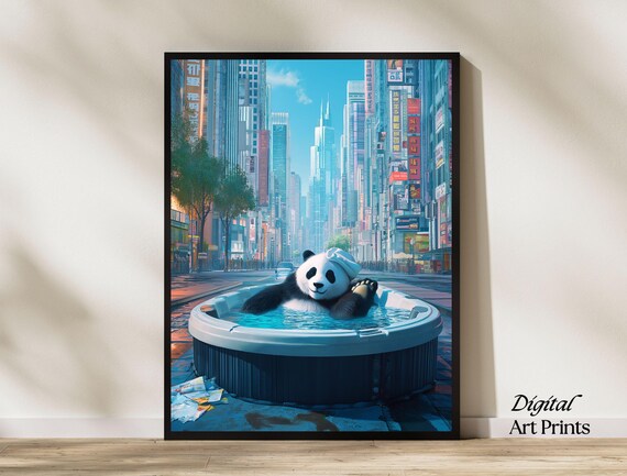 Funny Giant Panda Hot Tub City Street Surreal Whimsy Art Print