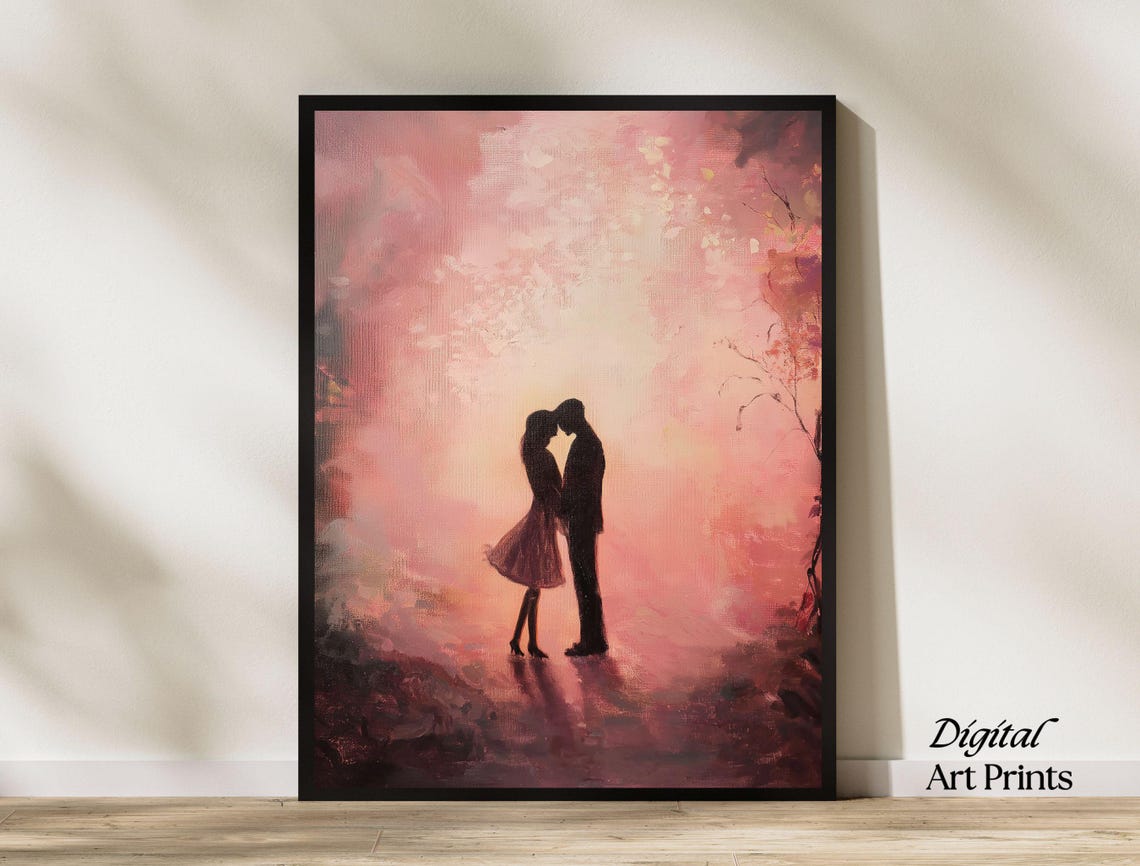 Romantic Couple Silhouette Blush Pink Forest Kiss Art Painting Print