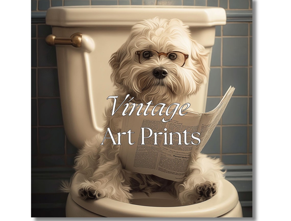 Funny White Dog Reading Newspaper on Toilet Vintage Bathroom Poster - Image 2