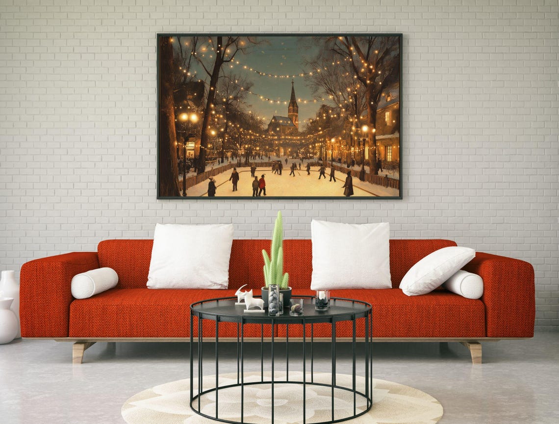Winter Ice Skating Pond String Lights Church Vintage Art Print - Image 2