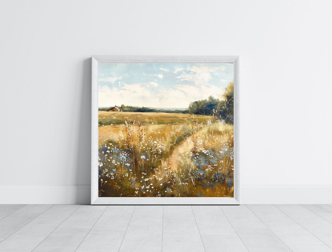 Wildflower Field Landscape Oil Painting Vintage Farm House Art Country Field Landscape Oil Painting - Image 3