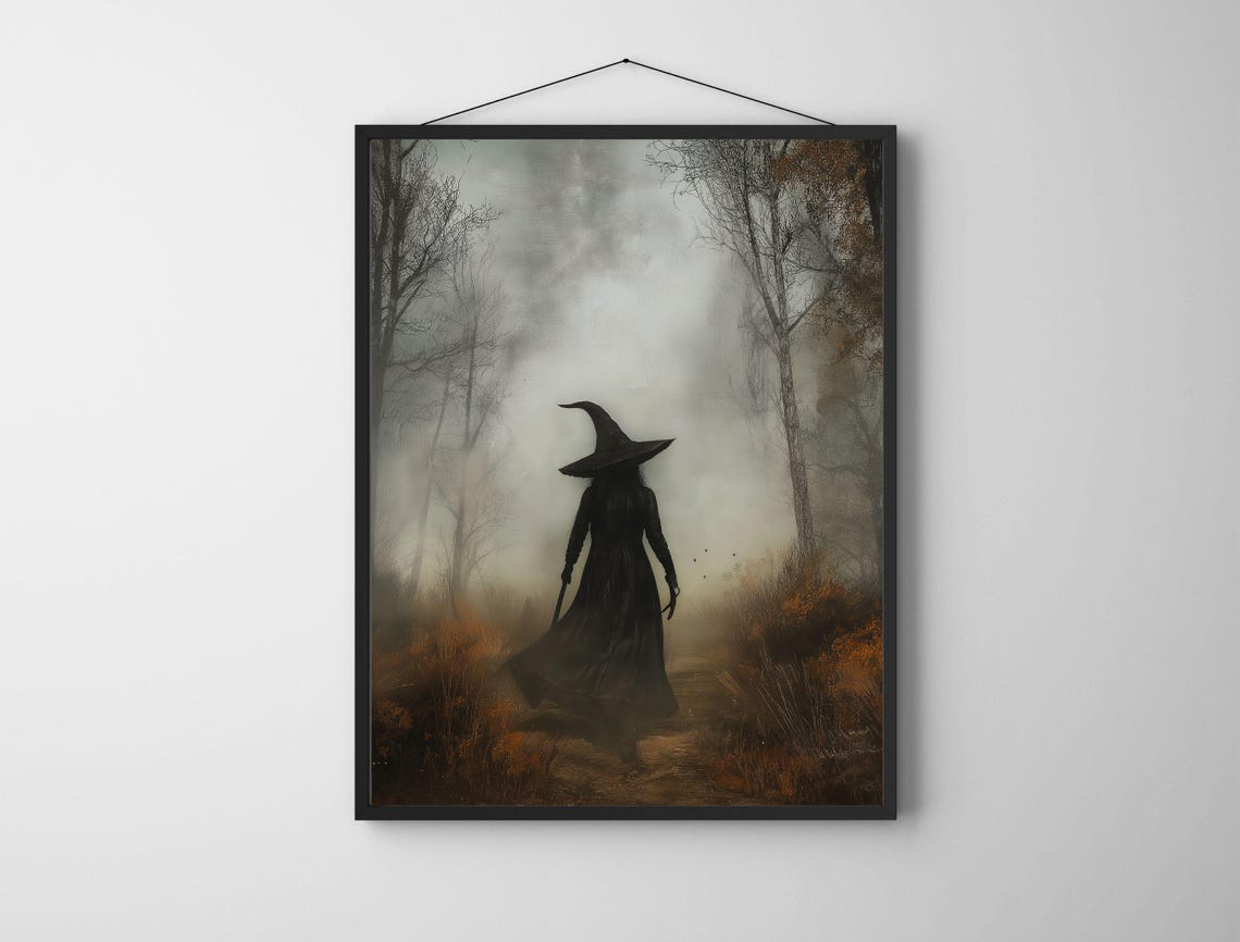 Witch Silhouette Walking Away Into a Misty Autumn Forest Poster - Image 7
