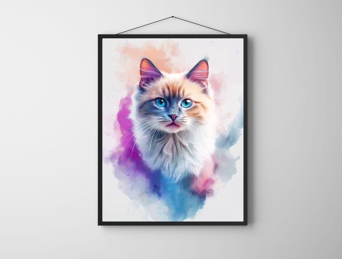 Blue Eyed Kitten Watercolor Portrait Pastel Splash Cat Poster - Image 8