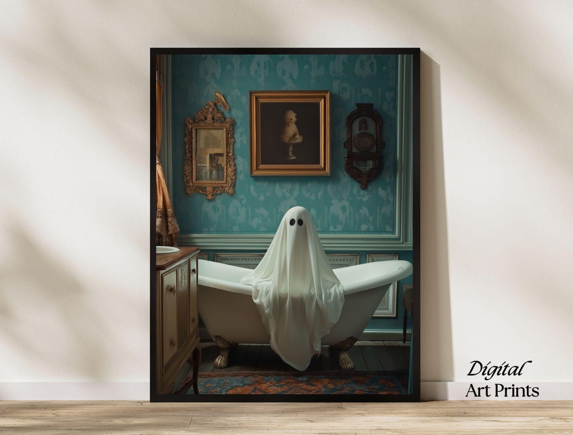 Sheet Ghost Lounging in a Clawfoot Tub Teal Damask Bathroom Poster