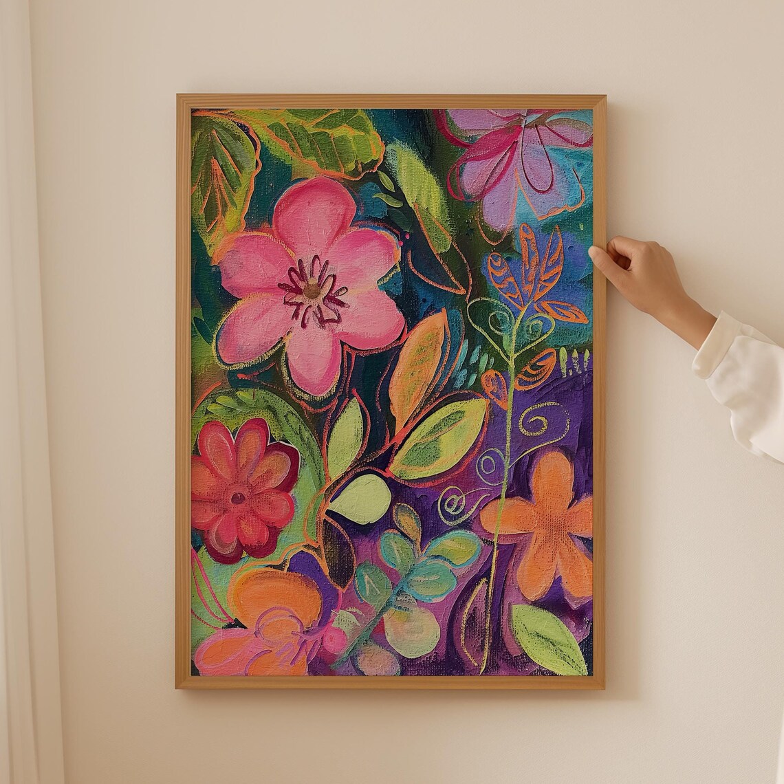 Vibrant Abstract Flower Garden Poster in Teal Purple and Hot Pink