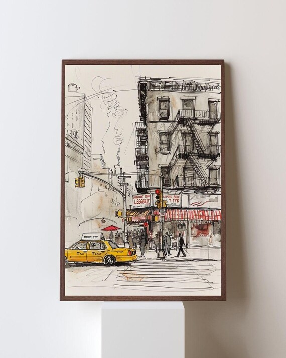 New York Corner Street Ink Sketch with Yellow Taxi and Fire Escape Print
