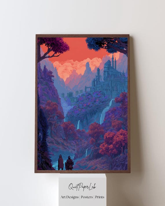 Pixel Fantasy Valley Wall Art Print Poster Sunset Castle Retro Landscape Framed Ready To Hang