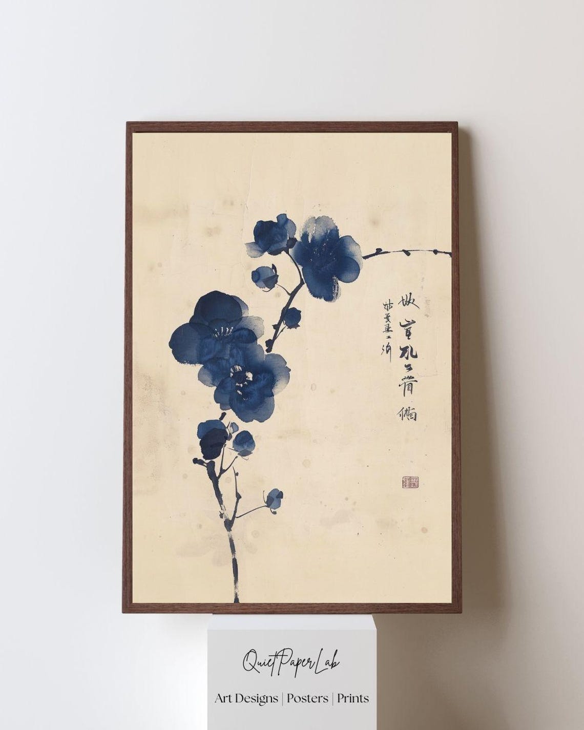 Indigo Sumi E Blossom Ink Painting Japanese Minimal Zen Decor Poster