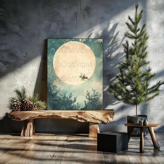 Santa Sleigh Full Moon Watercolor Magical Christmas Night Wall Art