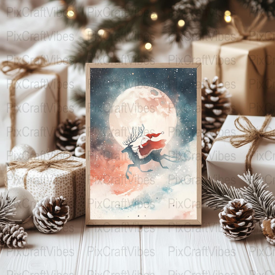 Santa Riding Reindeer Full Moon Watercolor Christmas Flight Wall Art