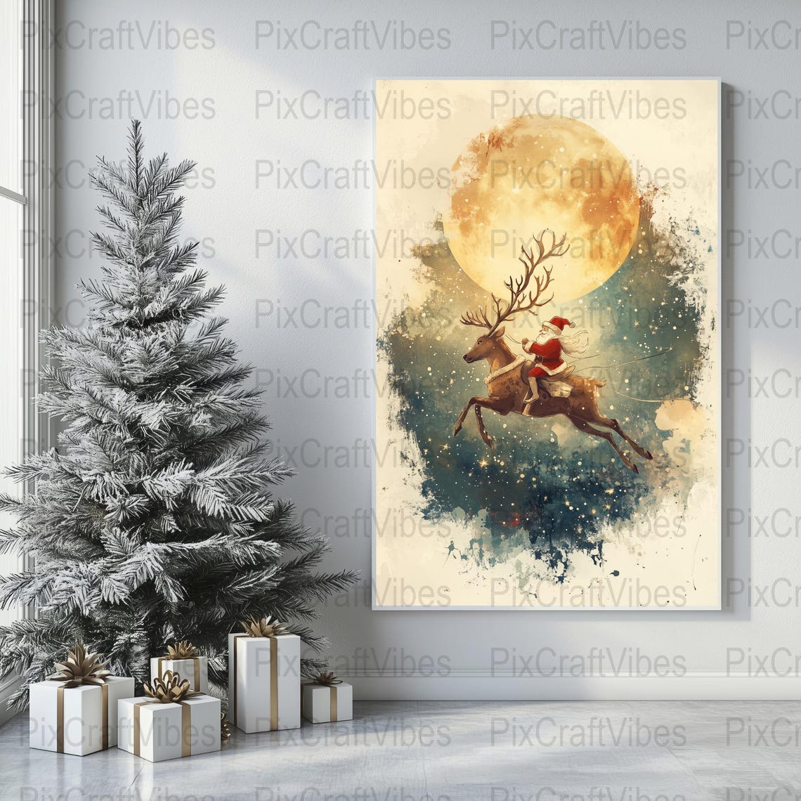 Santa On Reindeer Golden Moon Vintage Style Christmas Wall Art