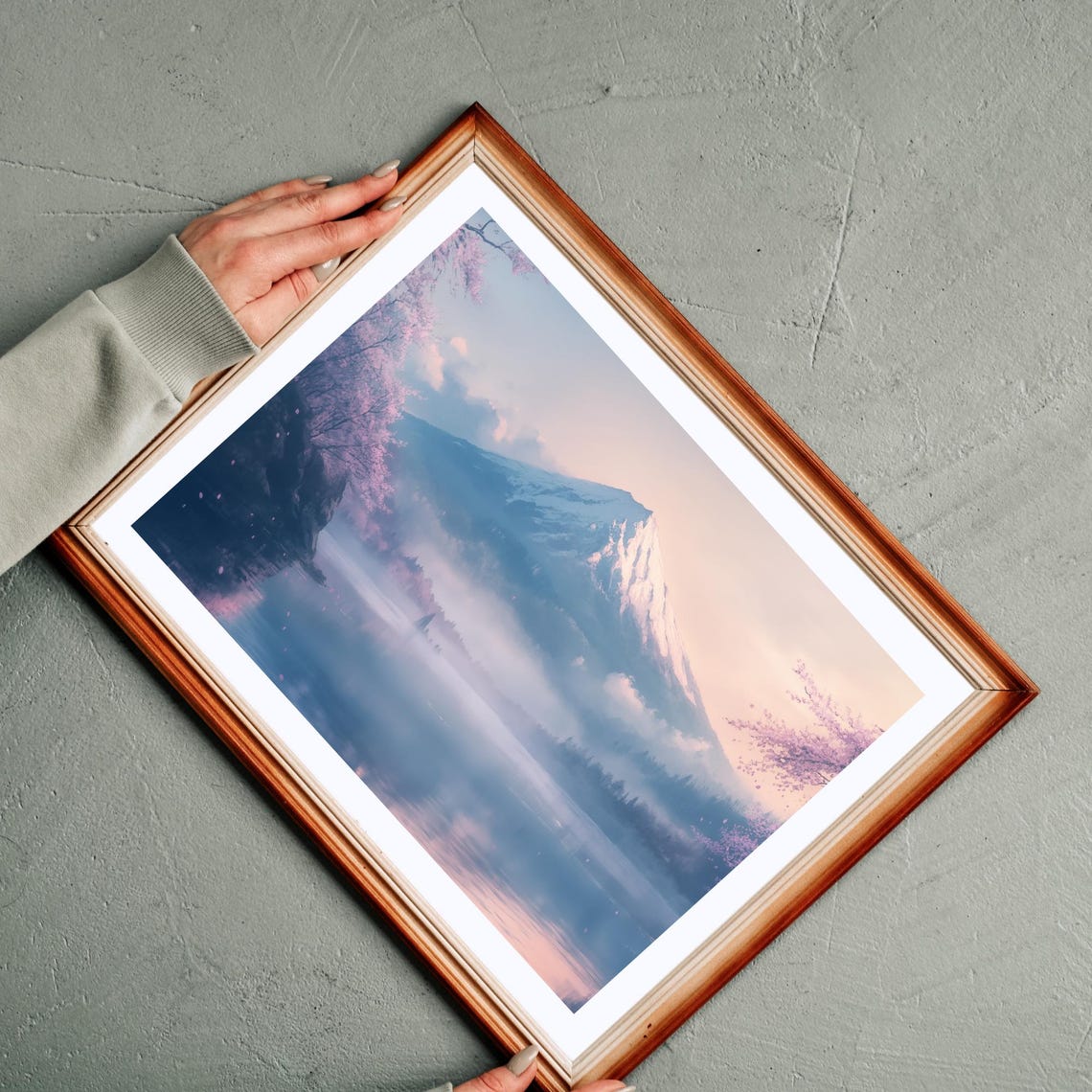 Mount Fuji Pink Dawn Mist Watercolor Mountain Landscape Wall Art