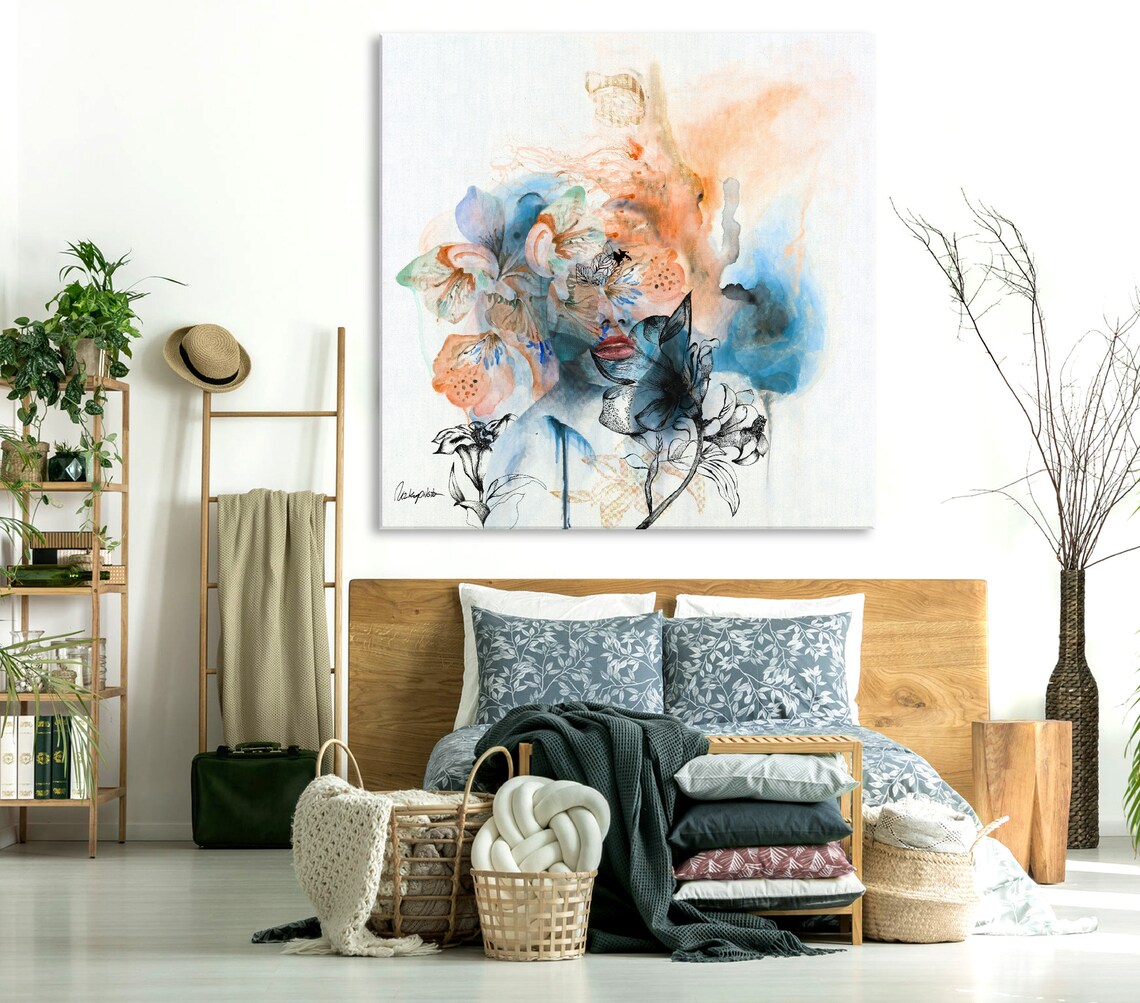 Abstract Woman Painting, Orange and Blue Wall Art - Image 2