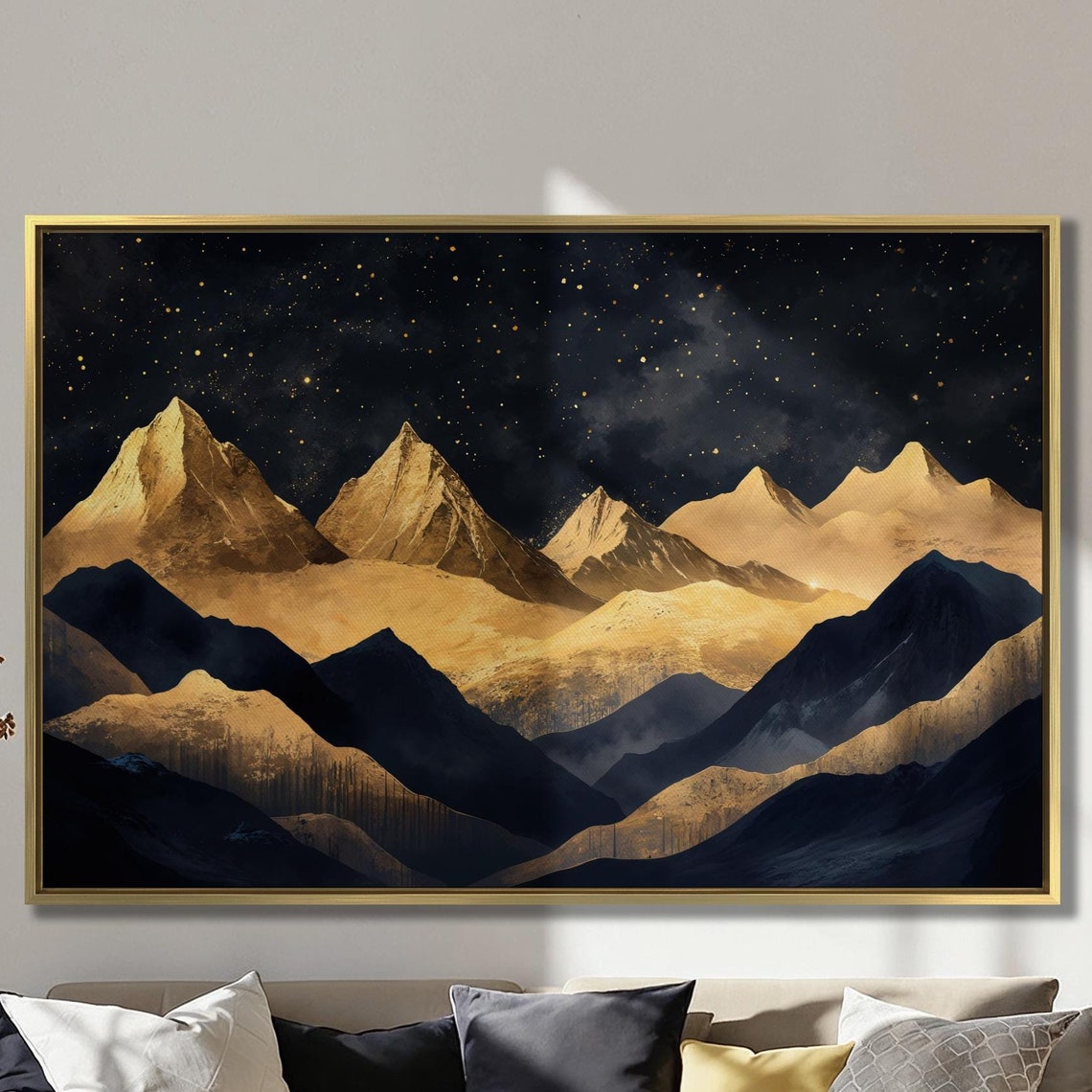 Night Mountain Landscape Wall Art Starry Sky Painting Print Black And Gold Modern Wall Decor Abstract Nature Art Poster Ready To Hang