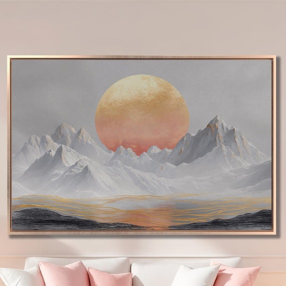 Sun And Snowy Mountains Wall Art Surreal Landscape Painting Print Mountain Wall Decor Large Abstract Scenery Poster Ready To Hang
