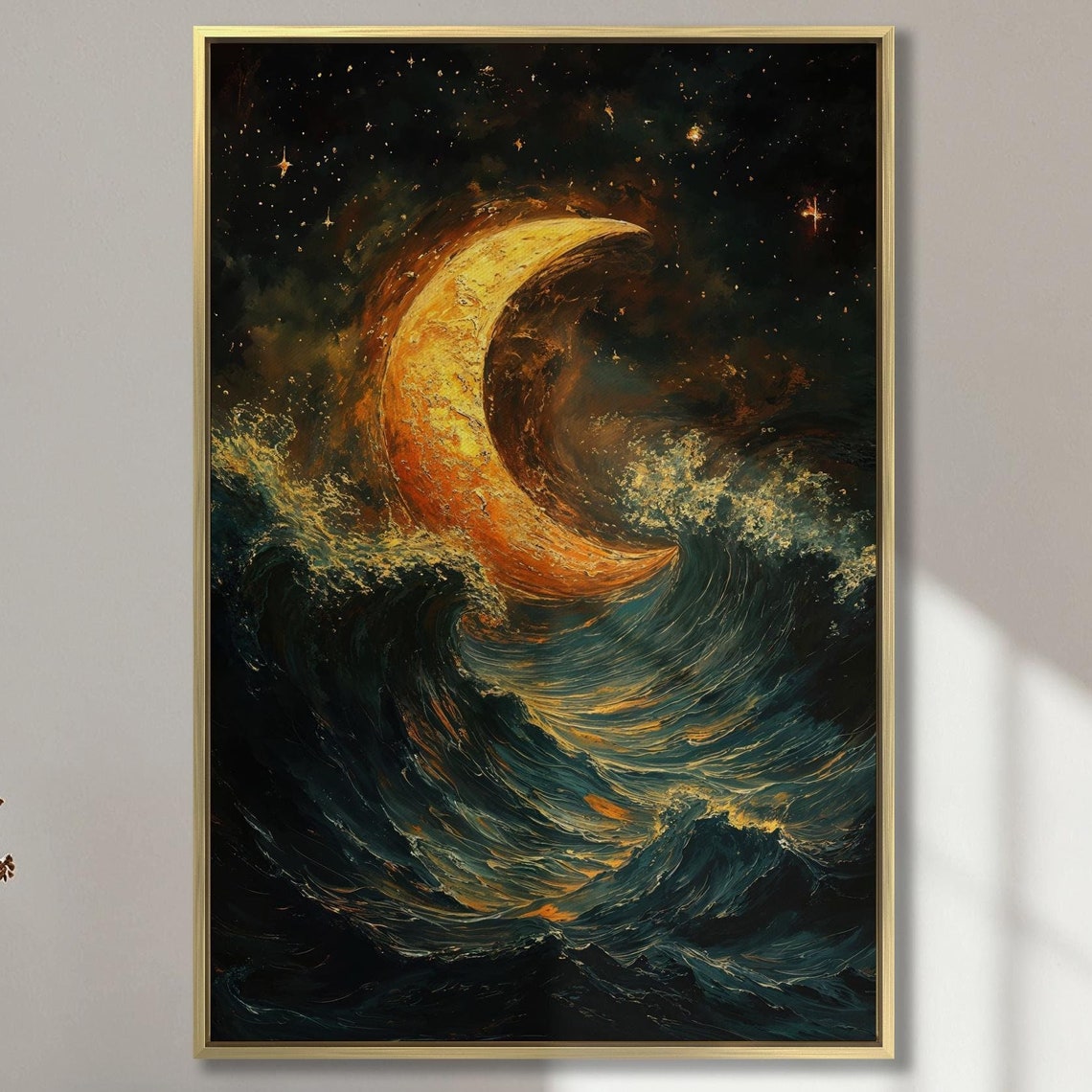 Fiery Crescent Moon Over Dark Swirling Ocean Waves Night Poster