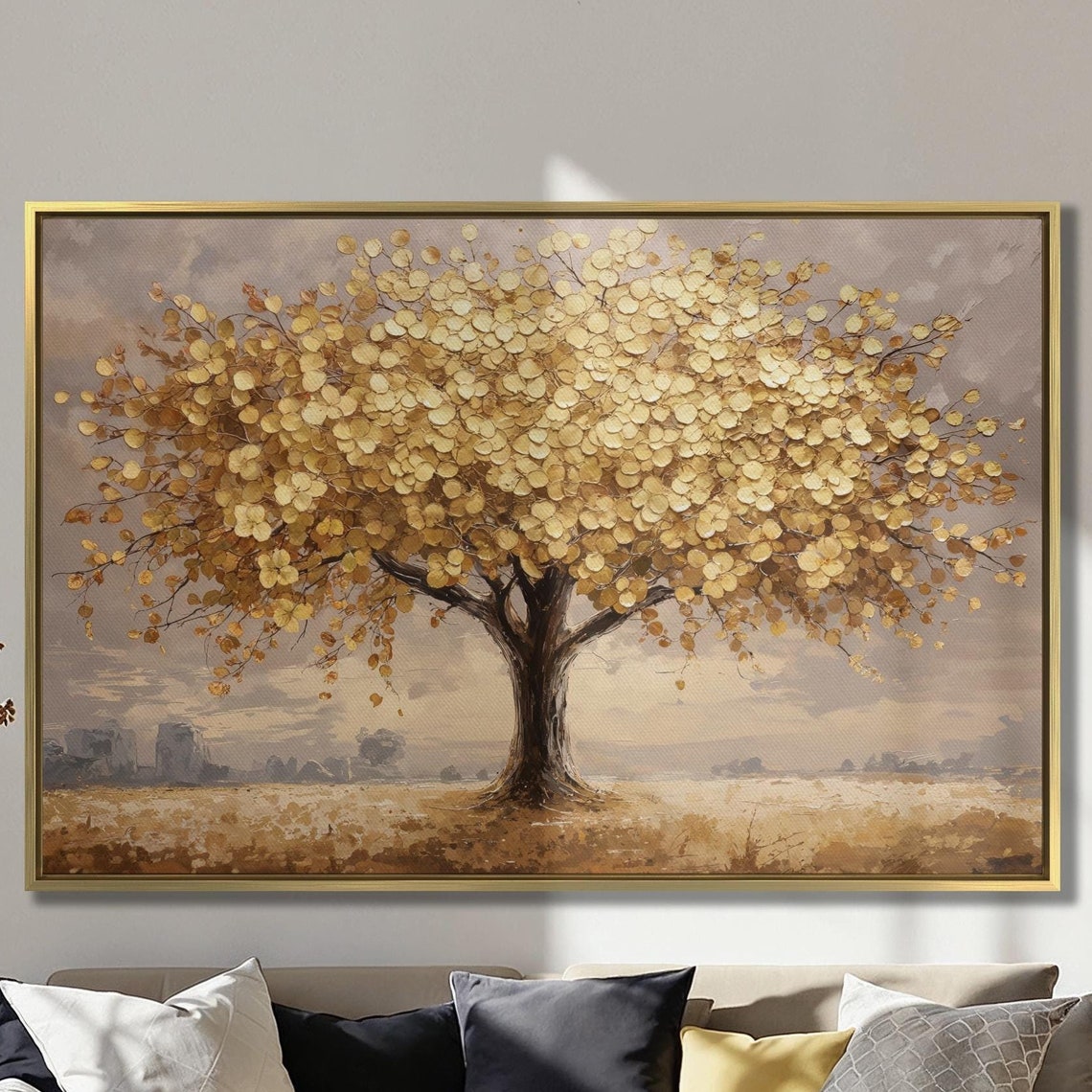 Golden Leaf Tree Standing Alone In A Soft Mist Covered Field Poster
