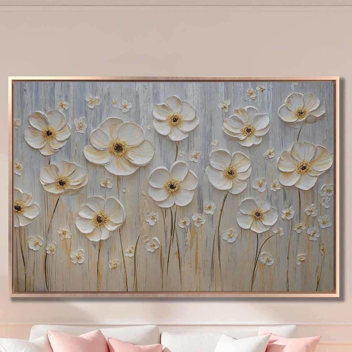 White Blossoms With Gold Centers Textured Floral Painting Poster