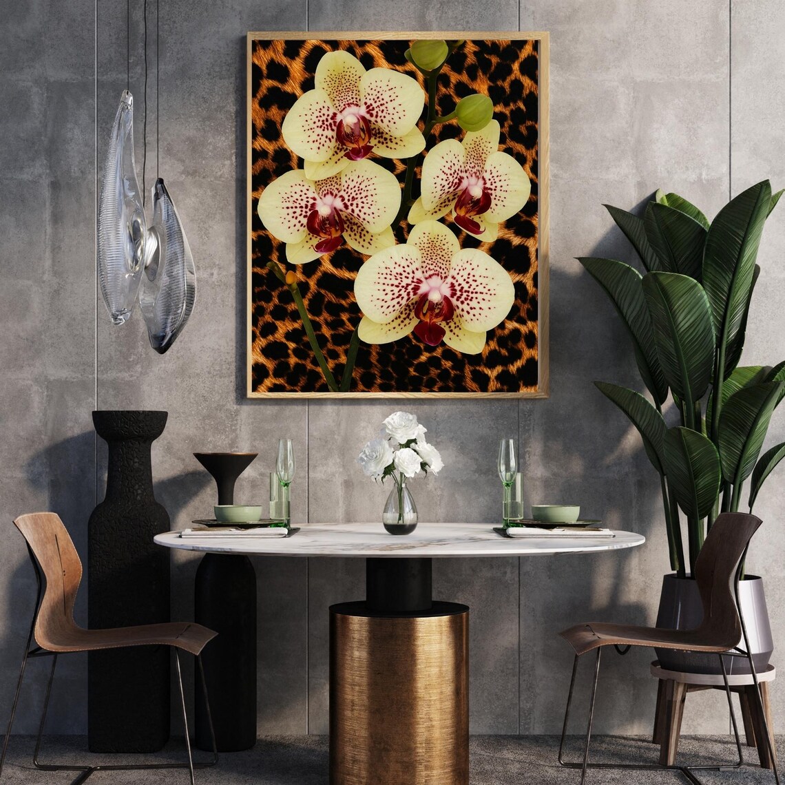 Leopard Orchid Wall Art Exotic Flower On Animal Print Background Bold Jungle Decor Glam Botanical