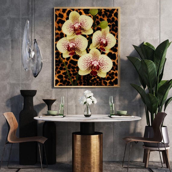 Leopard Orchid Wall Art Exotic Flower On Animal Print Background Bold Jungle Decor Glam Botanical