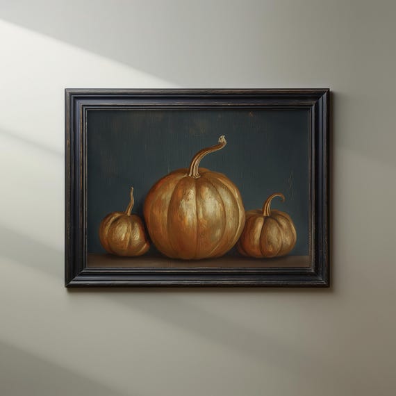 Golden Pumpkins Art Print Elegant Autumn Decor Halloween And Thanksgiving Seasonal Wall