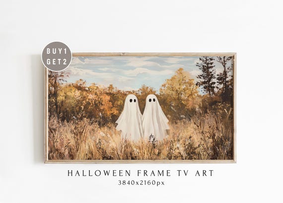 Spooky Ghosts In Autumn Landscape Painting Halloween Frame Tv Rustic Fall Decor Ghostly Figures Nature Whimsical Haunted Forest