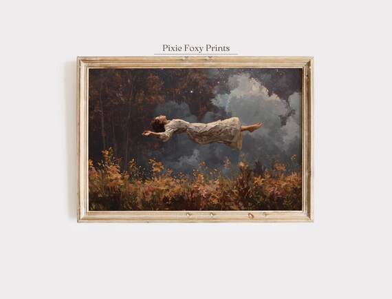Surreal Floating Woman Autumn Field Night Sky Fantasy Poster