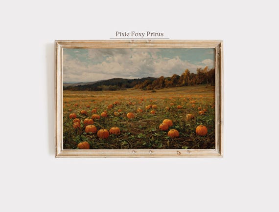 Pumpkin Field Wall Art Print Autumn Harvest Patch Painting Rustic Fall Landscape Artwork Country Farmhouse Decor