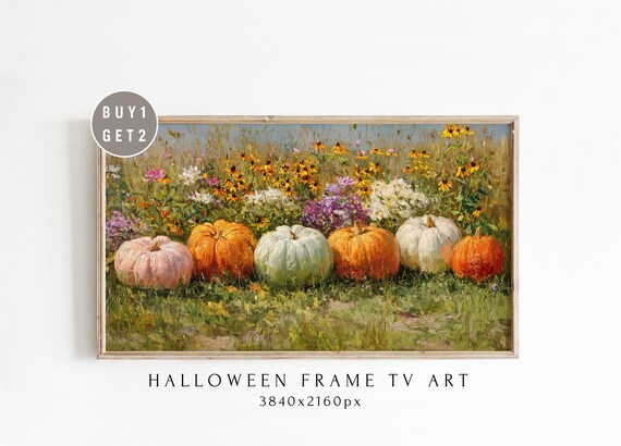 Six Pumpkins Among Wildflowers Fall Harvest Frame TV Art Poster