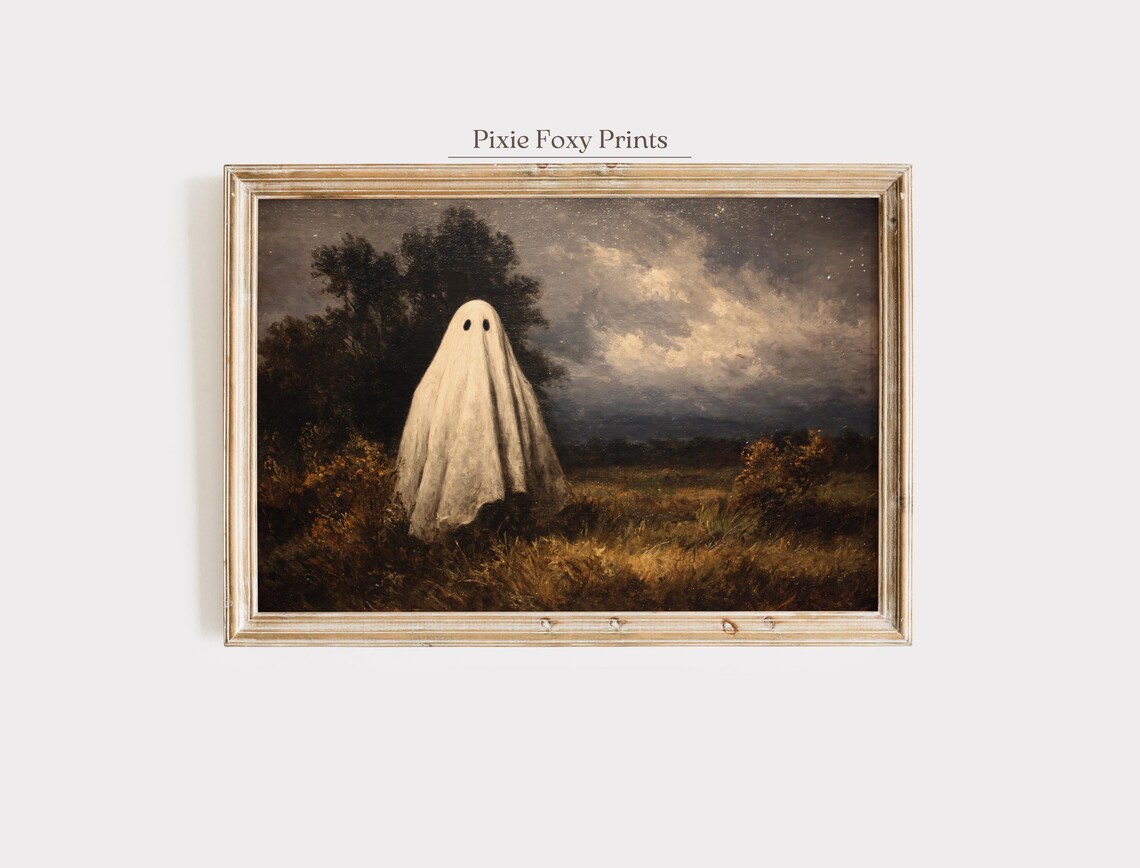 Cute Ghost in Moody Autumn Field Starry Night Halloween Poster