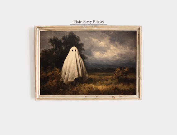 Vintage Halloween Art Print Spooky Rustic Countryside Landscape Painting Moody Night Sky Haunted Field Wall Decor