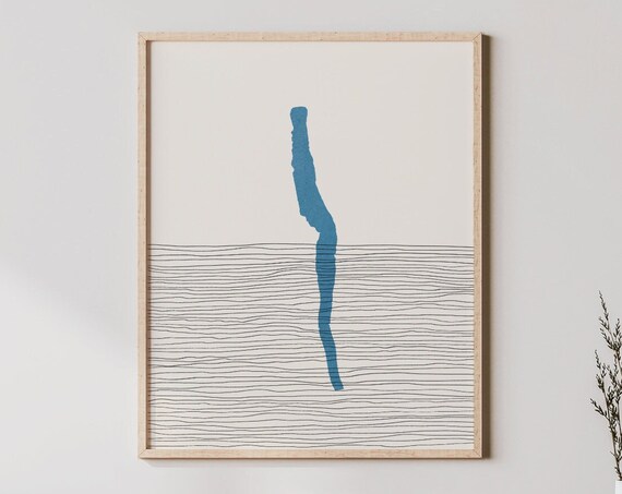Seneca Lake Blue Silhouette Fine Line Art Minimalist Boho Lakehouse Poster