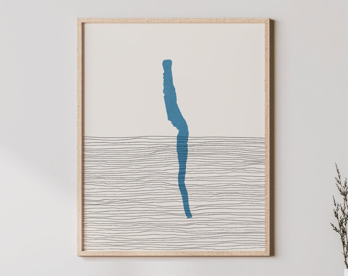 Seneca Lake Blue Silhouette Fine Line Art Minimalist Boho Lakehouse Poster